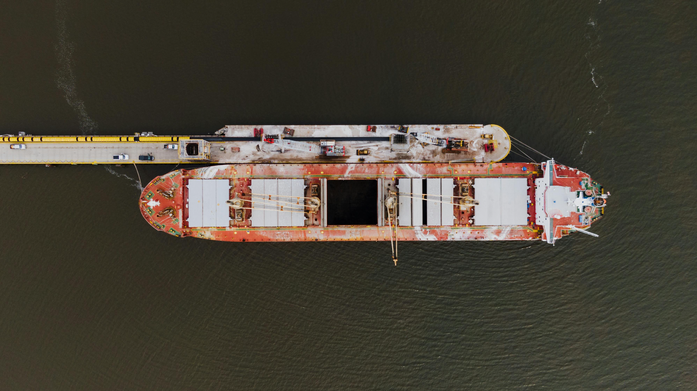Aerial view of a container terminal at dusk